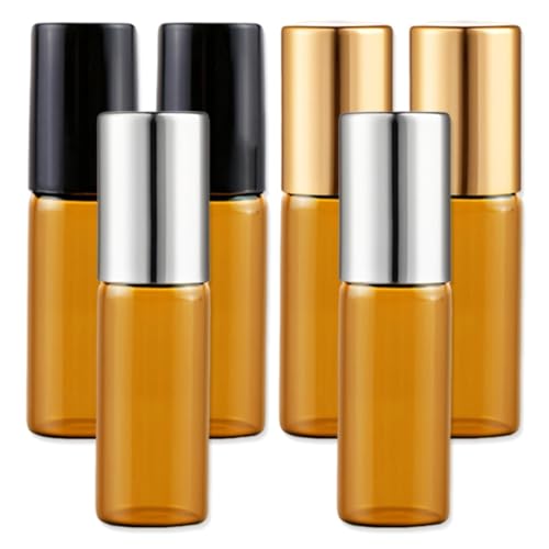 Botellas de Vidrio ámbar con Bola de Metal - 6 Piezas Botella de Aceite Esencial Roll-on para Aceite Esencial, Frasco Perfume Recargable,5ML