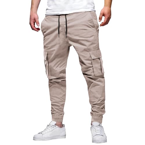 Cargo Work Pants for Men Slim Elastic Waist Drawstring Baggy Twill Track Jogger Sweatpants Cotton Pants with Pockets