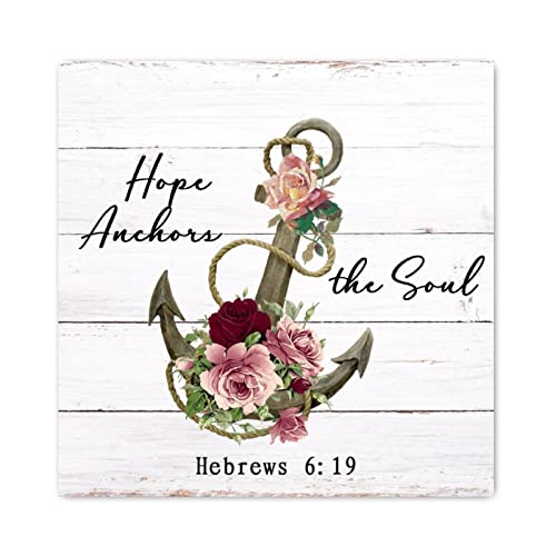 Panneau mural en bois Hope Anchors The Soul floral et nautique rouge 40x40 cm