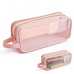 Clear Pencil Case,Transparent Pencil Case,Mesh Pencil Cases for Exam,Large Capacity 2 Compartment Pen Bag, Portable Pencil Pouch,Makeup Bag,See Through Pencil Cases for Boys,Girls,School,Office(Pink)