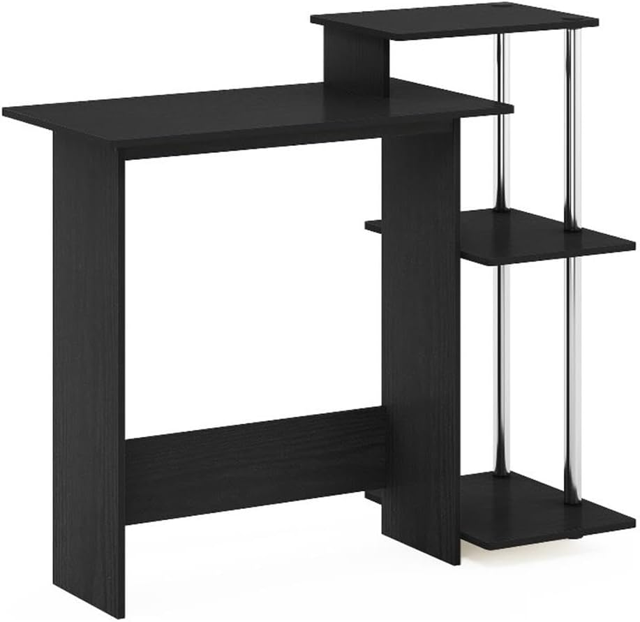 Pemberly Row Computer Desk, Stainless Steel Tubes, Rectangular Top with 3 Shelves, 39.6 in Wide, CARB-Grade Wood, Sturdy Design for Home Office or Study Room Use