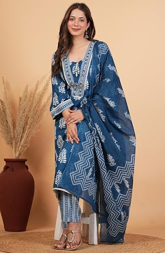 Image of Amayra Women's Pure Cotton Straight Kurta Set with Palazzo Pants & Dupatta|Ethnic wear|Kurta Set for Women