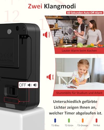 4-Kanal Küchentimer Digital mit Großer LCD-Anzeige Lautlos-Modus & Laut Ton – Ansicht 5
