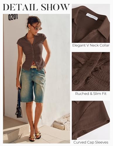 Womens Button Down Shirts, Ruched Summer Tops with Y2K Collar, Slim Fit Short Sleeve Dressy Casual Blouses(Dark Brown, S) — view 3