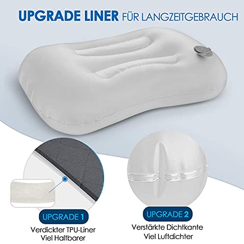 HIKENTURE Aufblasbares Camping/Reise Kissen mit Abziehbarem Kissenbezug, Ergonomisches Kopfkissen, Komfortables Nackenkissen für Reise/Outdoor, Inflatable Travel Neck Pillow(Grau)