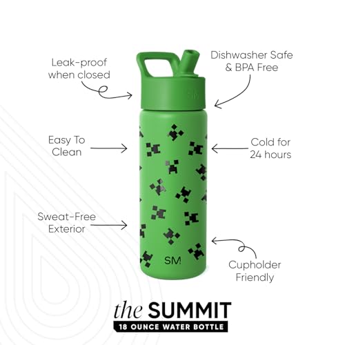 Image of Simple Modern Minecraft Kids Water Bottle with Straw Lid | 18oz Insulated Stainless Steel Kids Tumbler & Spill Proof Toddler Cup for School, Girls, Boys | Summit | Minecraft Creeper