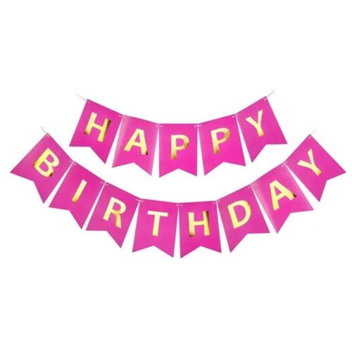 Pink Happy Birthday Banner Bunting Girls Hot Pink Party Decorations with Shimmering Gold Foil Letters