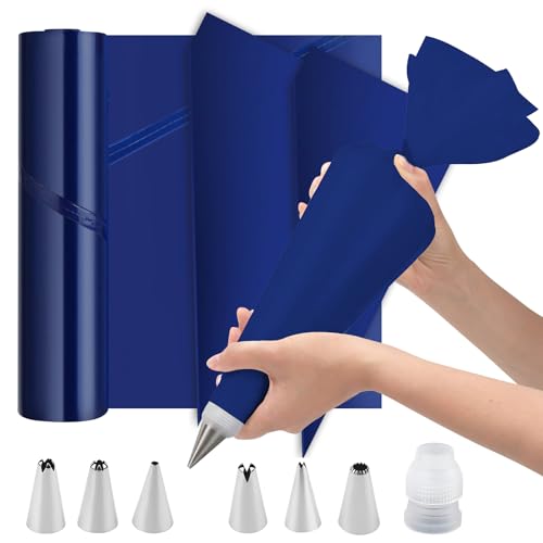 DAGORD 50 Stück Spritzbeutel Einweg mit Tüllen Extra Groß 51.5cm - Dick Spritztüte Set Piping Bags + 6 Verschiedenen Edelstahl Spritztüllen+ 1 Kuchen Kupplung für Dekorieren Von Gebäck Torten Geeignet