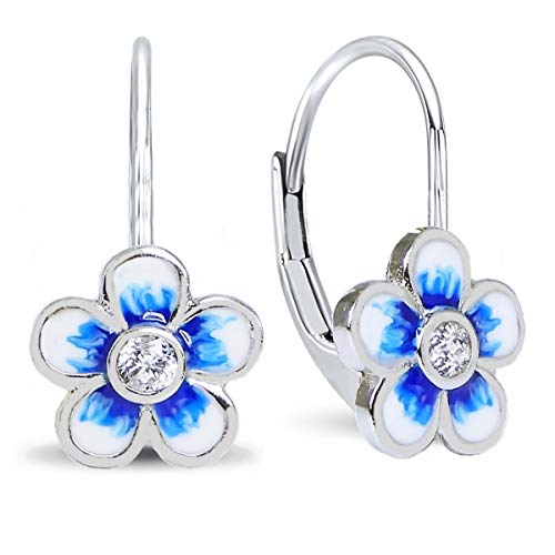 Blume Blau Ohrringe Mädchen Silber 925 Hängend mit Zirkonia Stein Cover