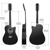 Vangoa 12 strun gitara elektryczna akustyczna Cutaway 104 cm dwunastostrunowy zestaw gitarowy dla początkujących, czarny