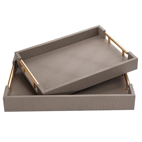 MACVAD 2 Piece Woven Leather Ottoman Tray with Gold Handles,