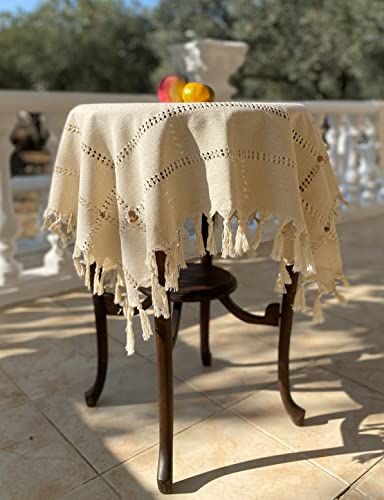 Secret Sea Collection Antique Series, Handmade Cotton Small Tablecloth, Wooden Beads And Gold Glitter (36" X 36") Washable Coffee Tea Patio Side Kitchen Balcony Dining End Table Fringe Country Square #TOP1