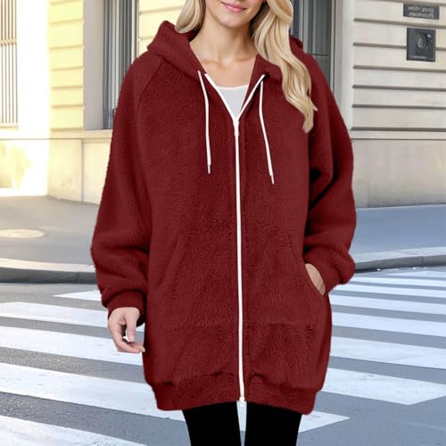 Cozy Wine Hooded Jacket for Women - Fleece Long Sleeve Zipper Coat with Pockets - Perfect for Winter Adventures! - Image 5