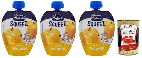 Melinda Passata di Mela Golden Squeez 100% fruta, puré de manzana dorada, fruta para exprimir, 90 g + lata italiana gourmet Polpa di Pomodoro de 400 g