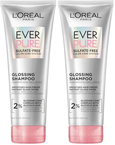 L'Oreal Paris Glossing Sulfate Free Shampoo with Glycolic Acid, Hair Care for Lasting Shine and Smoothness for Dull, Dry Hair, EverPure, 6.8 Fl Oz, (Pack of 2)
