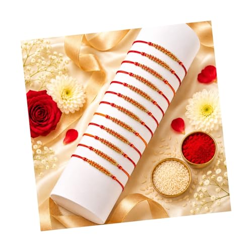 Image of Set of 12 Elegant Rakhi for Bhaiya with Roli Chawal, Traditional Gold Beaded Red & Yellow Thread for Brother, RakshaBandhan Rakhi Combo Pack for Family