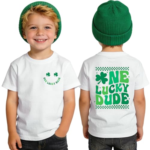 MULOIUDZ Toddler Boys St Patrick's Day Shirts Baby One Lucky Dude T-Shirt Clover Tees Shamrock Outfit Short Sleeve Tops 1-6T(White,5-6T)