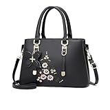 Women's Embroidered Satchel Top Handle Purses and Handbag Lightweight Totes Crossbody Shoulder Bag for Lady (Black)