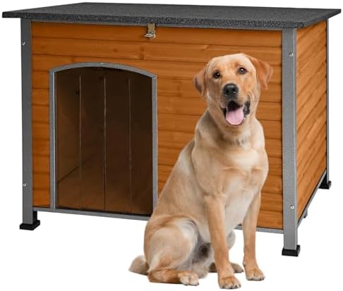 Indoor/Outdoor Dog House with Iron Frame - All-Weather Wooden Pet...