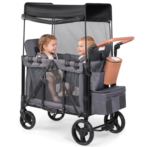 Image of Stroller Wagon for 2 Kids, Foldable 2 Seater Wagon Stroller with Raised Seats, 5-Point Harnesses, Adjustable UPF 50+ Canopy, Front Zip Door, All-Terrain Wheels, Insulated Snack Bag, Gray