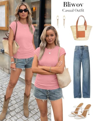 Image of Bliwov Womens Summer Tops Cap Sleeve Crew Neck Casual T Shirts