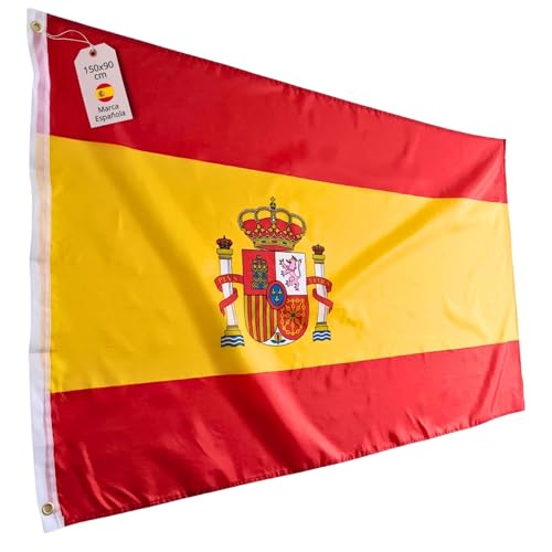 Mablik Bandeira de Espanha grande 150 x 90 cm, com 2 ilhoses de metal | bandeira de Espanha com escudo para exterior e interior, de poliéster resistente e cores vivas.