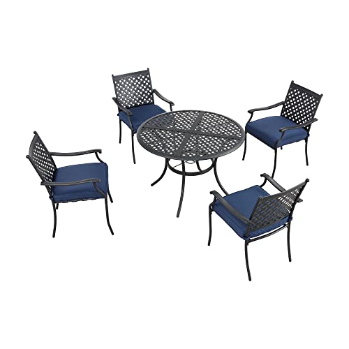 Image of LOKATSE HOME 5 Piece Outdoor Patio Metal Dining Set with 4 Outdoor Iron Arm Dining Chairs with Seat Cushions and 1 Outdoor Dining Table with Umbrella Hole-Blue