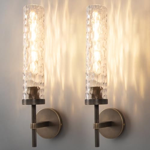Image of Bronze Wall Sconces Set of 2, 19.5 inch Brushed Brass Knurled Bathroom Wall Sconces with Water Ripple Glass Shade, Dimmable Indoor Vanity Wall Light Fixtures for Living Room Hallway Bedroom