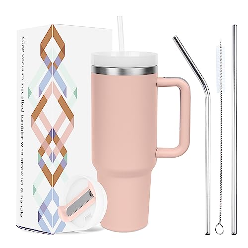 Serborni Tumbler With Handle and 3 Straws Lip 40 OZ, Simply Modern Stainless Steel Insulated Tumblers,Hot and cold Insulation Travel Coffee Mug（Rose Quartz）