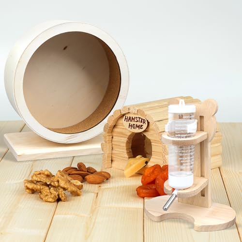 2 Pcs Wooden Hamster Wheel & Water Bottle Holder Set, Small Pets Silent Exercise with Water Bottle Stand, Running Spinner Wheel Play Toy for Syrian Hamsters Gerbils Rat Mice Dwarf Small Chinchilla - Image 6
