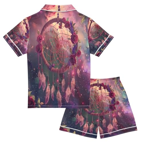 ALAZA Red Rose Dreamcatcher Galaxy Satin Pajamas Set Short Sleeve Button Down Sleepwear Summer Pjs 2 Piece2