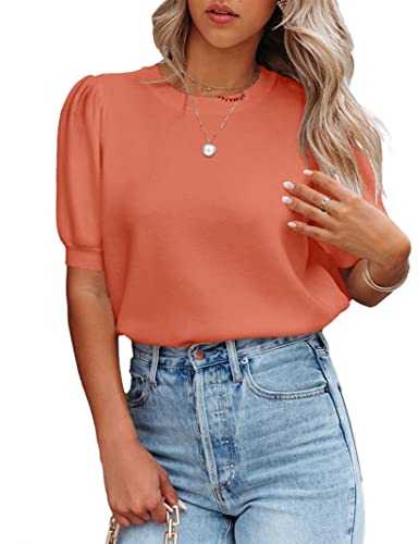 Image of Womens Puff Short Sleeve Sweater Tops Crewneck Basic Knit Pullover Lightweight Casual Sweaters