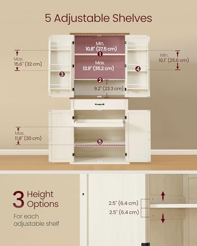 Image of VASAGLE Pantry Cabinet, Tall Storage Cabinet with Drawer, 70.3-Inch | Farmhouse kitchen cabinet with barn doors, tray, adjustable shelves, Rustic White, UBBK364WJ01S