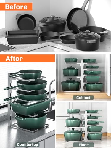 Image of MUDEELA 8-Tier Pots and Pans Organizer under Cabinet, 15.83 inch Height Heavy Duty Pot Pan Organizer Kitchen Cabinet Organization and Storage, Adjustable Pot Rack for Frying Pan, Cast Iron Skillet, Sliver