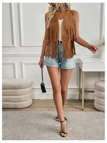 Milumia Women's Faux Suede Fringe Cowgirl Vest Western Sleeveless Cardigan Jacket4