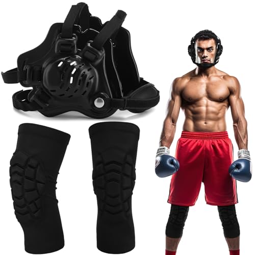 Lewtemi Wrestling Headgear Knee Pads Set Including Adjustable Thick Wrestling Ear Guard and Protective Anti-Slip Knee Pads for Sparring Brazilian Jiu Jitsu Training (L Size)