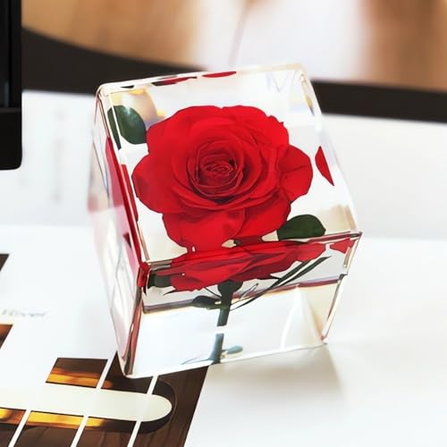 Image of Nature Plant Flower Rose Specimen in Resin Preserved, Science Educational Classroom Specimens, Clear for Closer-Look & Study. Novelty Crafts Decor Ornament, Amazing Unique Gift (Cube 1.9x1.9x1.9-inch)