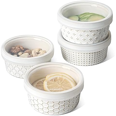 LE TAUCI Ramekins with Lids, 8 oz Ramikin Set for Creme brulee, Souffle, Dipping Sauces, Ceramic Food Storage Containers Great for leftovers - 4.4 inch, Set of 4, Arctic White Cover