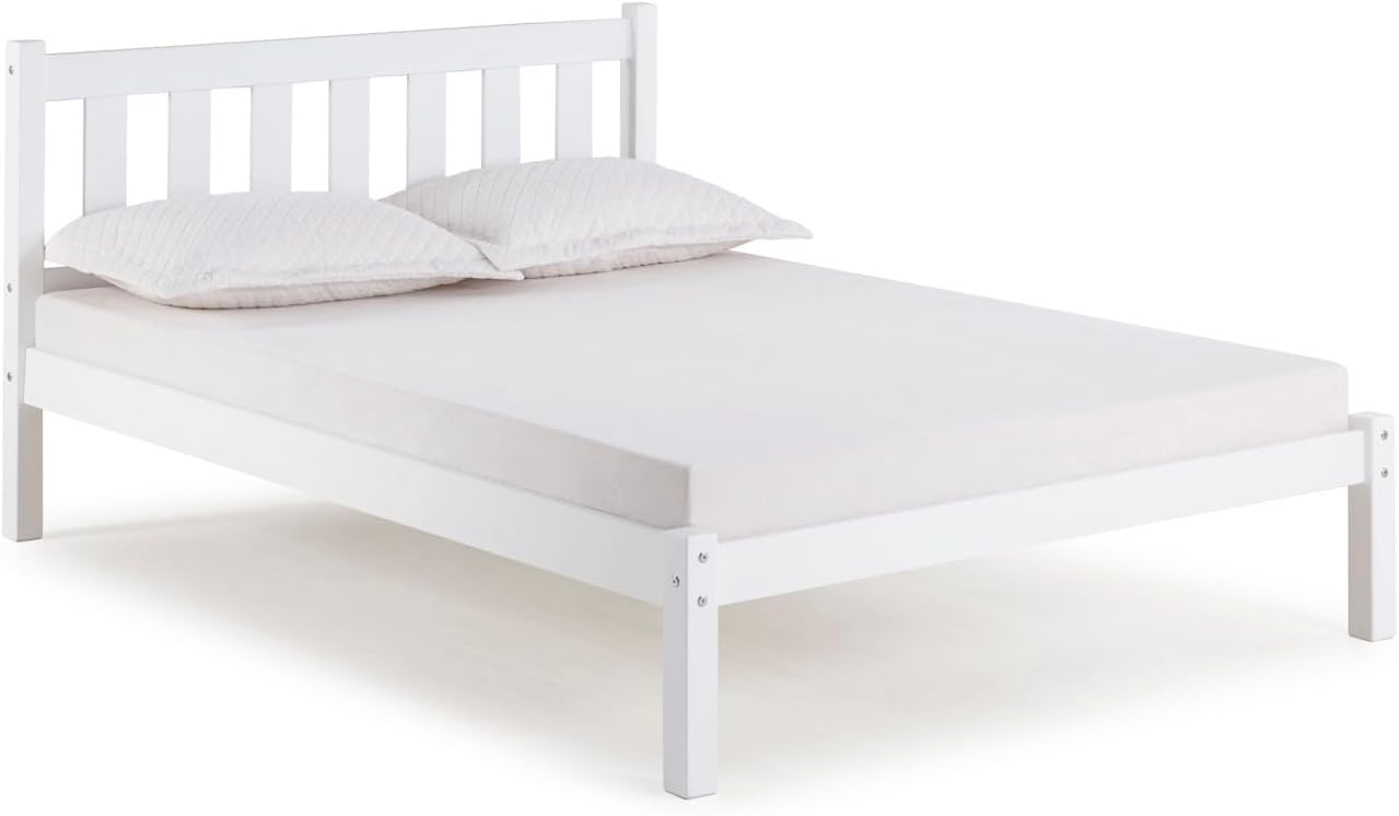 Poppy Full Wood Platform Bed, White - 200 Kgs w/ Headboard, Footboard, & Side Rails - Brazilian Pine - for Bedroom - Shaker, Transitional & Contemporary Style