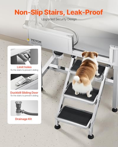 VEVOR Hundewaschstation aus Edelstahl, 870x488x1025 mm Tierpflegewanne mit Ablagetreppe, Wasserhahn, Duschkopf & Seifenhalter, Hundebadewanne, für mittelgroße & kleine Haustiere (rechte Tür)