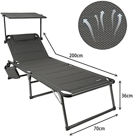 HOMECALL Aluminium Sun-Lounger with 2x1 Textilene Padding, Quick-Dry Foam, Pocket, and Sun Shade, XXL (200 x 70 cm) - Grey