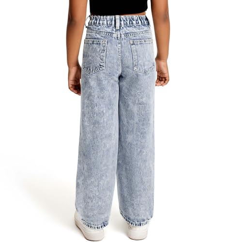 Girls Ripped Jeans Trendy Distressed Washed Elastic Waist Wide Leg Denim Pants Cute Summer Trousers Y2K Streetwear 8-13Years4