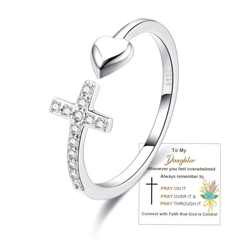 To My Daughter Rings S925 Sterling Silver Cross Ring for Women Cubic Zirconia Sterling Silver Adjustable Ring Christian Pray Cross Thumb Rings With Inspirational Card