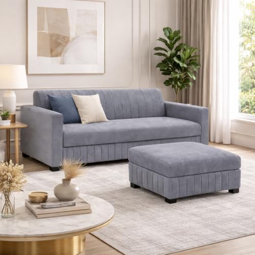 Image of FURNY Almora 4 Seater L Shape Sofa Set with Movable Ottoman | Flexible Left or Right Layout | Plush Velvet Fabric (Dark Grey) | Perfect for Living Room, Guest Room & Office