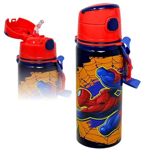 Botella de Agua Infantil Niño para Spiderman Fan - Cantimplora Aluminio 600ml con Pajita y Correa (3-10 Años) - Antigoteo, Sin BPA, con Etiqueta Nombre - Ideal Colegio y Guardería