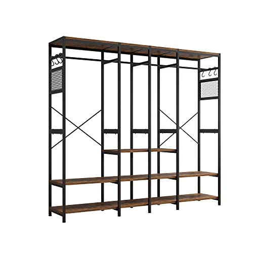 6Ft Tall Walk In Closet Organizers And Storage System Heavy Duty Metal Closet Organizer With Parallel Bars, Shelves, Drawers And Clothes Hooks For Bedroom, Wardrobe Storage Rack Black & Walnut Brown #TOP2