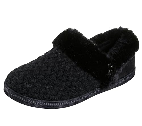 Skechers Women's COZY CAMPFIRE - FROSTY PROMISE, Quilted faux fur knit button detail slipper, Black/Black, 5M