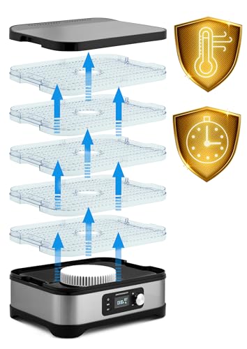 Berdsen Dörrautomat Pilztrockner Dörrgerät 5 Einlegefächer Obst Gemüse Trockner Temperaturregler 35 Bis 70 Grad 10 L Mit Umluft 24 h Timer Schwarz Silber – Bild 4