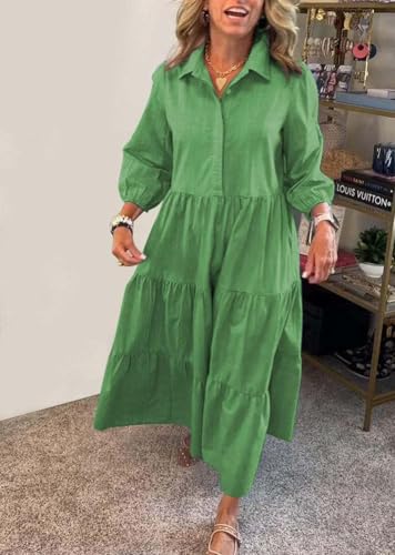Image of chouyatou Women's Loose Fit Puff Sleeve Maxi Tiered Babydoll Dress V-Neck Cotton Long Button Down Dress