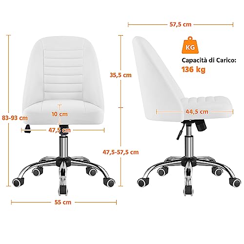 Sedia Ufficio Scrivania Cameretta Bianca Senza Braccioli Ergonomica Reclinabile Imbottita in Finta Pelle con Rotelle Girevole Altezza Regolabile Portata 136 kg - Sedia gaming - Immagine 2